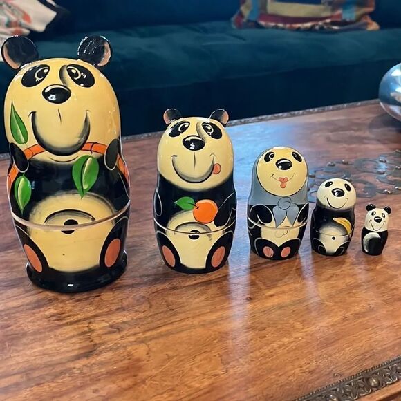 Russian Hand-painted Panda Family Wood Nesting Dolls! - Picture 2 of 6